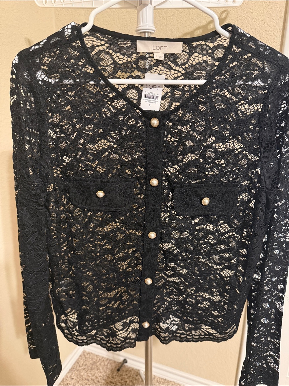 LOFT Black Lace Button-Front Cardigan with Pearl Buttons